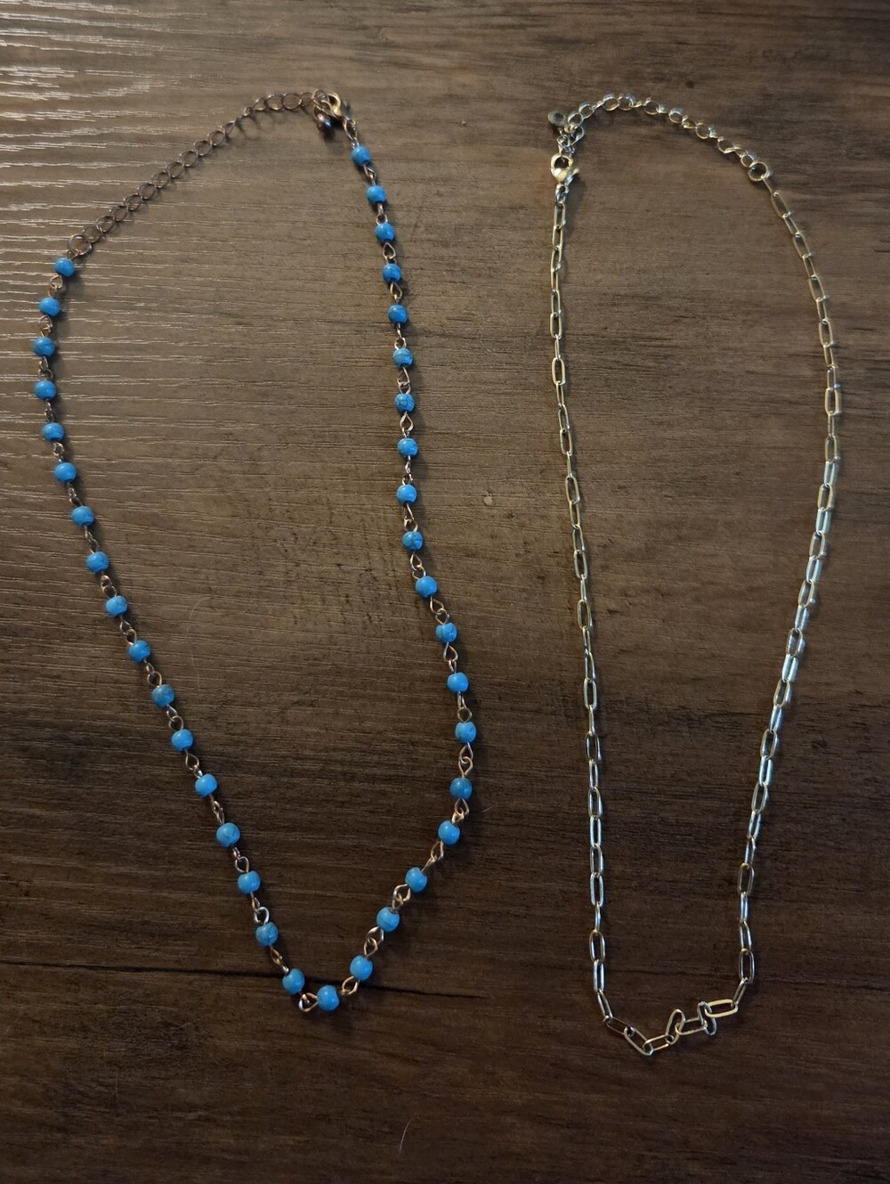 Lot Of 2- Necklaces, Paperclip Style Gold Tone, Turquiose Type Bead Necklace